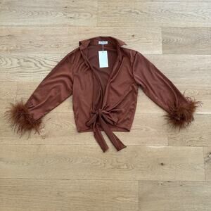 Rumours Feather trim Long Sleeve tie Front Top in Brown